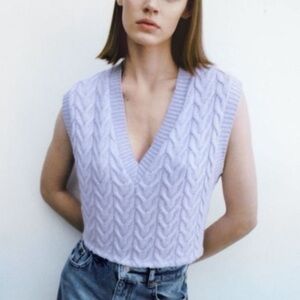 Zara Gray Cable Knit purple winter v neck Crop Top short sleeve sweater medium